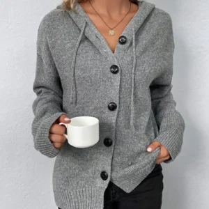 Corina Einfarbige Strickjacke mit Kapuze und Schnürsenkeln – Veloura