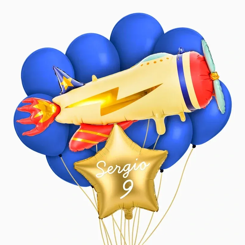 Set Globos Avión Personalizado Nombre y Edad Vinilo Blanco