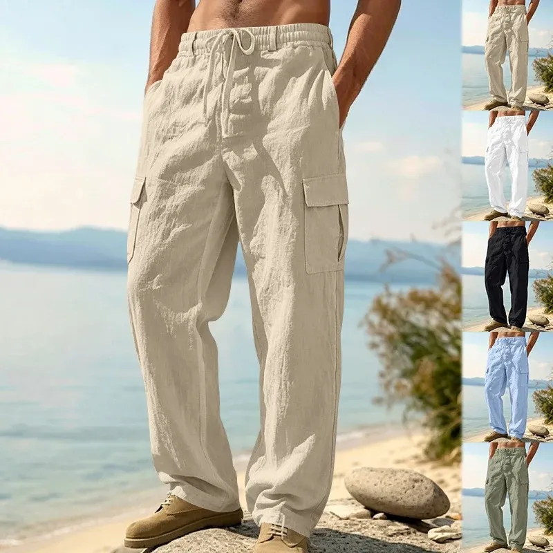 Herren entspannt geschnittene Strand-Cargohose aus Leinenblend mit elastischem Tunnelzug und zweifacher Klapptasche – Bravaro