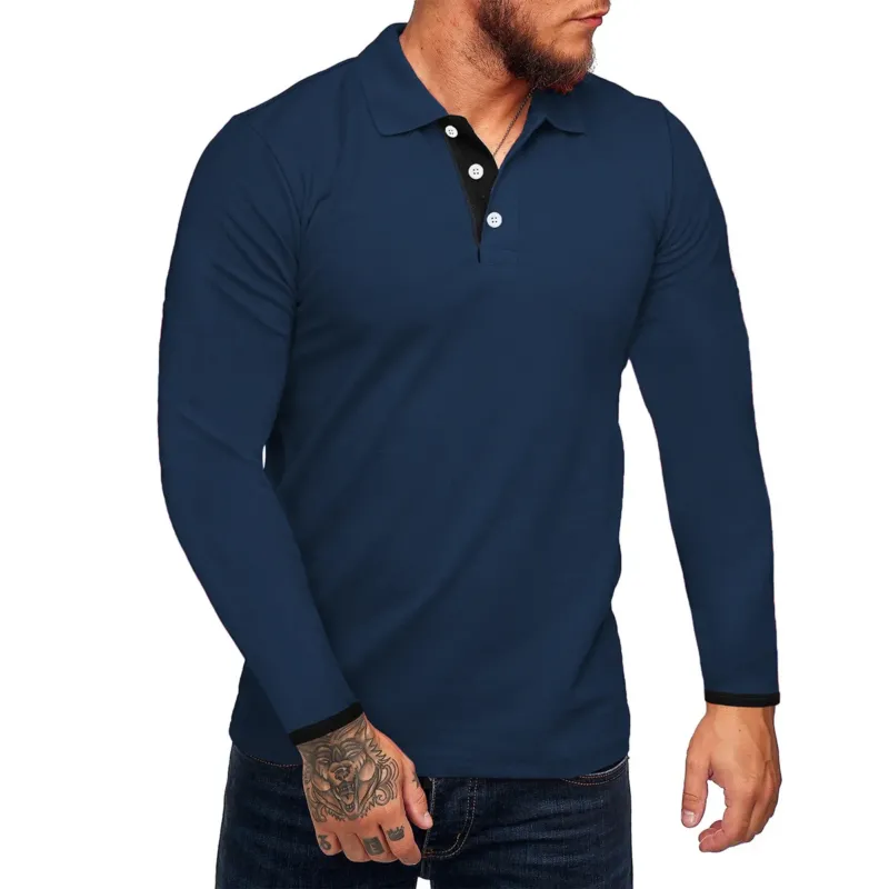 Herren Langarm-Polohemd mit kontrastierenden Knopfdetails – Cavello