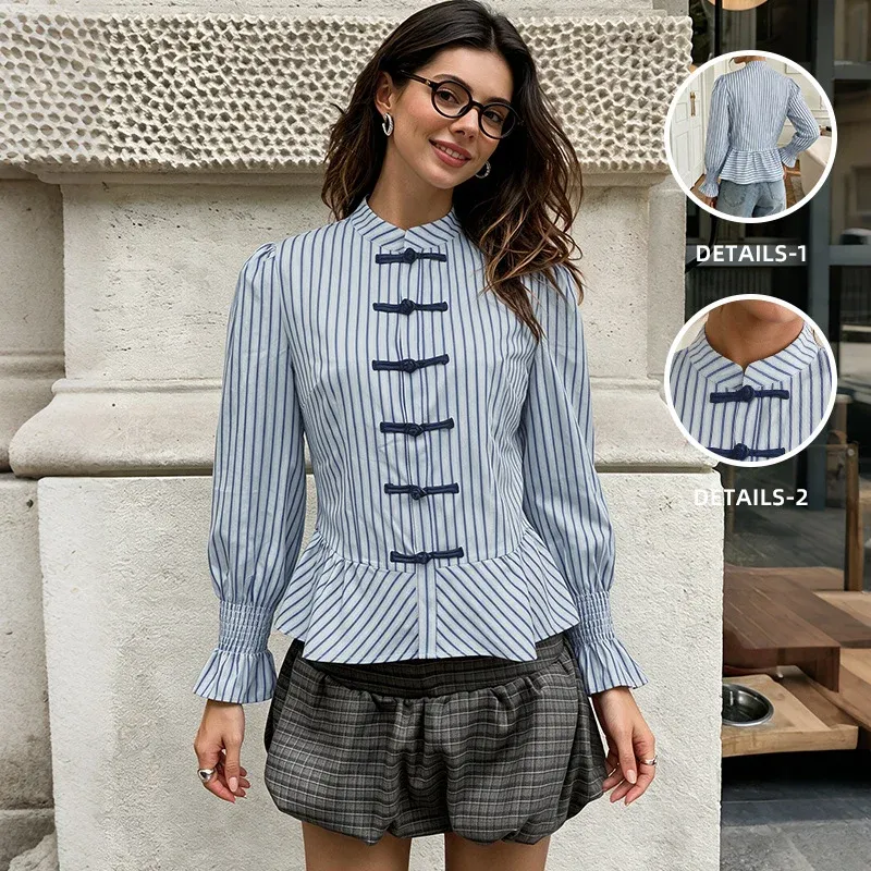 Damen Elegante Bluse mit Rüschendetails und Streifen Echo Archiv