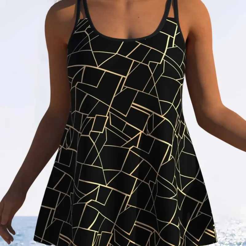 Damen Schwimmdress mit elegantem grafischen Mustermix und schickem Rocksaum – Avérine