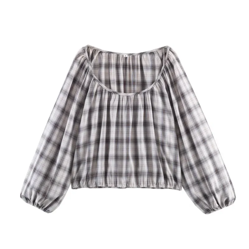 Damen Karierte Carmen‑Bluse mit weitem Ausschnitt, Ballonärmeln und elastischem Saum Echoarchiv
