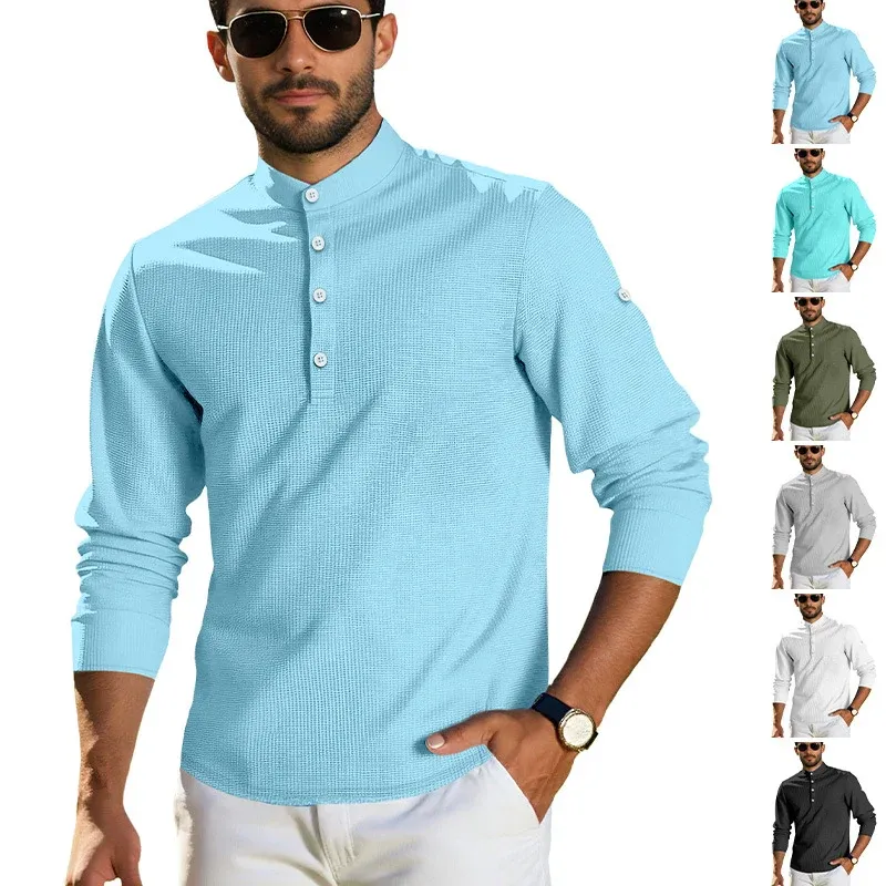 Herren strukturiertes Langarm-Henley mit Nehru-Kragen und Ton-in-Ton-Knopfleiste – Marzano