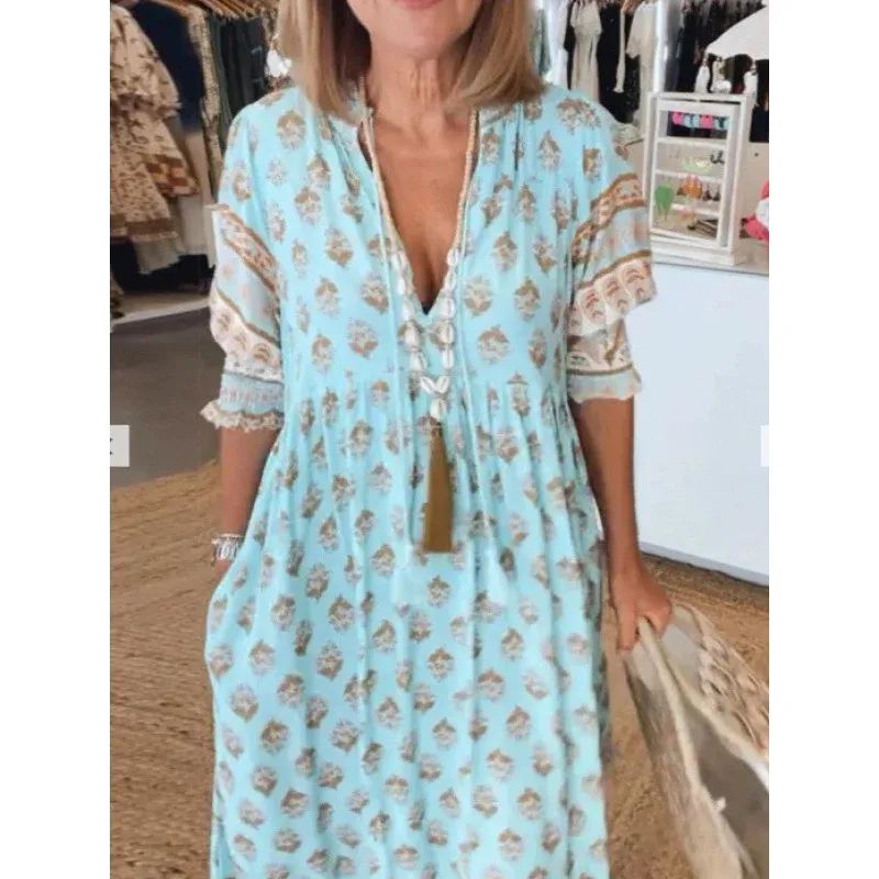 Damen Boho-Stil Kleid mit geflochtener Schnürung und handgefertigten Details – Lunéa