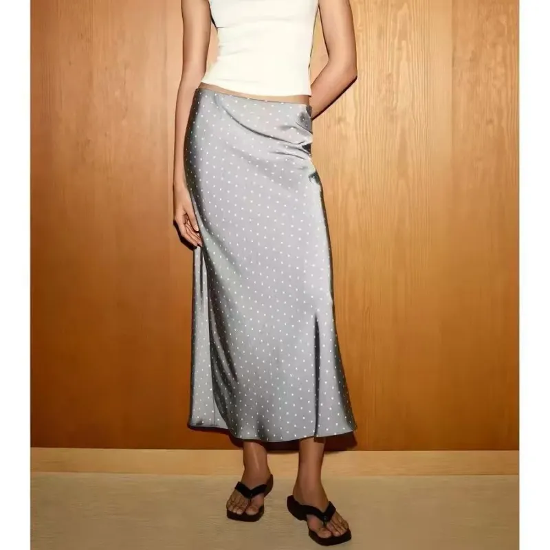 Damen Midi-Rock aus Satin im A-Linien-Schnitt mit hoher Taille und Polka-Dot-Print Echoarchiv
