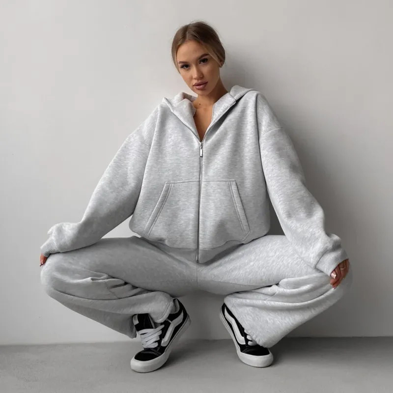 Damen Baumwoll-Fleece Lounge-Set mit Oversize-Zip-Hoodie und Palazzo-Sweatpants – Auréline