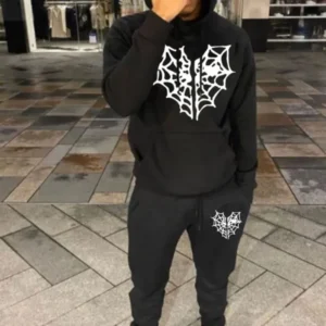 Herren Kapuzenpullover und Jogginghose Set mit einzigartigem Spinnennetz-Motiv – Cavarno