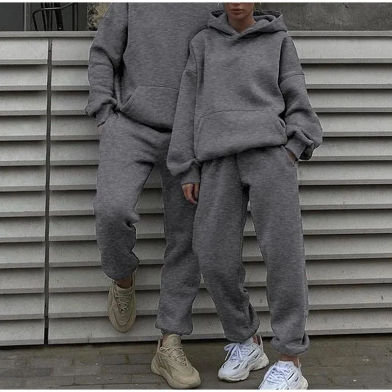 Damen gemütliches French-Terry Loungewear-Set mit doppellagiger Kapuze, Kängurutasche und elastischem Knöchel-Jogger – Avérine