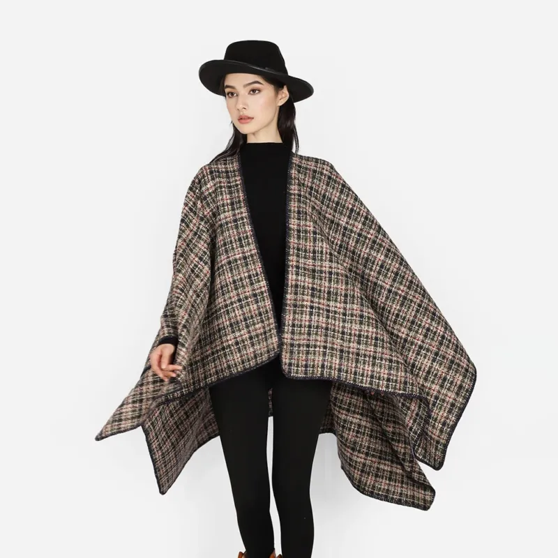 Damen Bouclé-Tweed Cape-Poncho mit V-Ausschnitt und kontrastierter Einfassung – Avérine