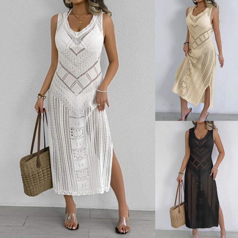 Damen gehäkeltes Maxikleid mit dezenter Lochmuster-Optik – Valéora