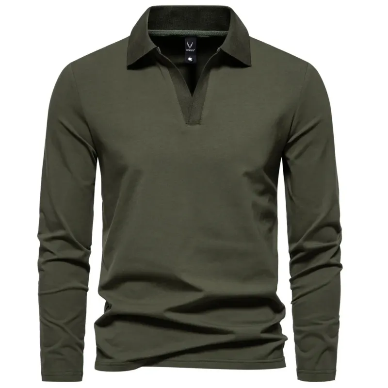 Herren Langarm-Poloshirt mit offenem V-Ausschnitt und Kentkragen Echo Archiv