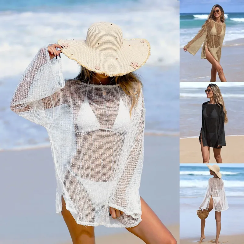 Damen Häkel-Strandtunika mit weiten Ärmeln und transparentem Design – Avérine