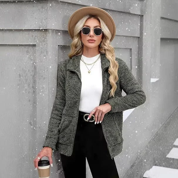 Damen kuschelige Teddy-Fleecejacke mit durchgehendem Reißverschluss, Stehkragen und seitlichen Eingrifftaschen – Célinea
