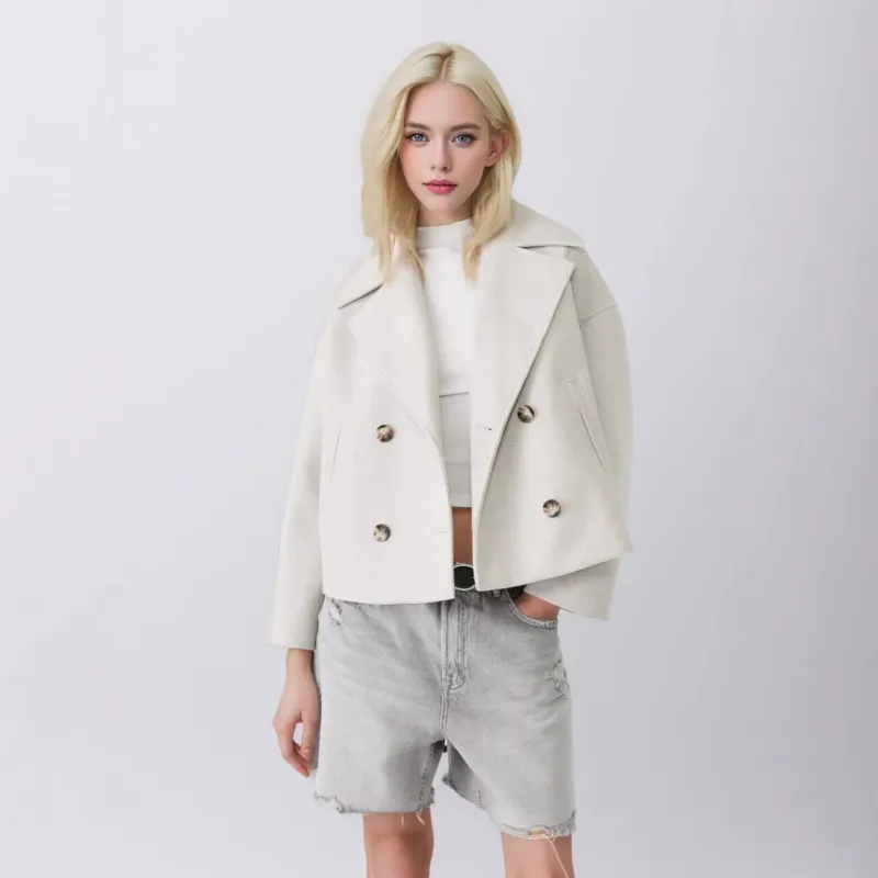 Damen Kurzer Doppelreihiger Wollmix-Mantel mit Oversize-Revers Echoarchiv