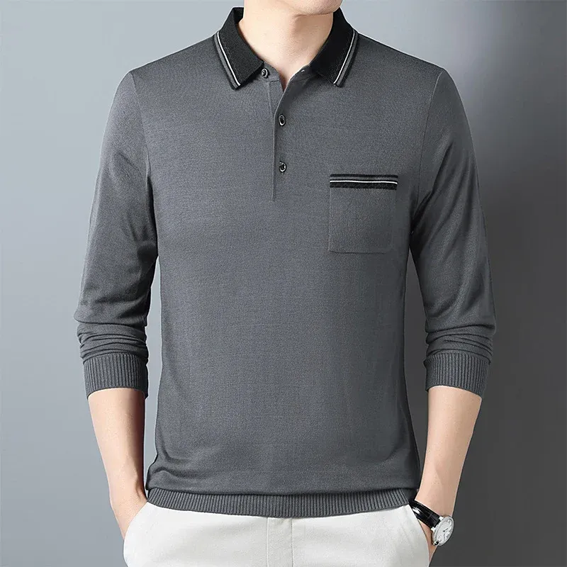 Herren Langarm Poloshirt mit modischem Kragen und praktischer Brusttasche – Cavello