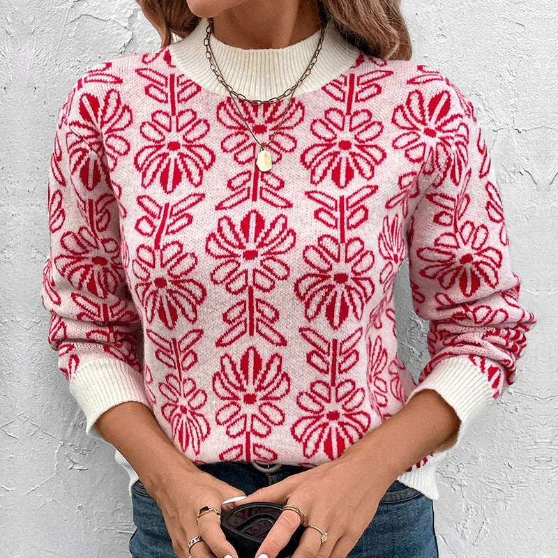 Damen Geblümter Jacquard-Strickpullover mit Rundhalsausschnitt und gerippten Bündchen – Mavelle