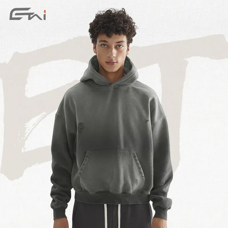 Herren Oversize-Kapuzenpullover mit verwaschenem Used-Effekt und Destroyed-Details Echo Archiv