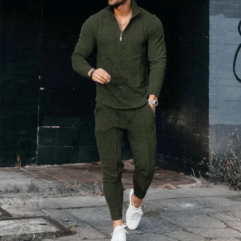 Herren sportlicher Freizeitanzug mit stylischem Stehkragen und praktischer Reißverschluss-Tasche – Marzano