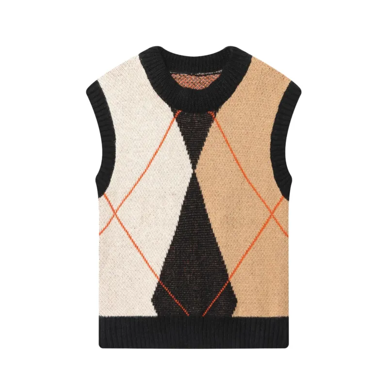Damen Argyle-Strickweste ohne Ärmel mit geripptem Rundhals und kastigem Schnitt – Mavelle