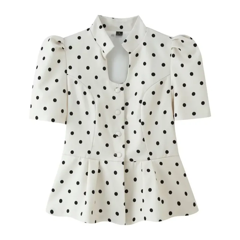 Damen Taillierte Polka‑Dot Bluse mit Stehkragen, Puffärmeln und Schößchen Echo Archiv