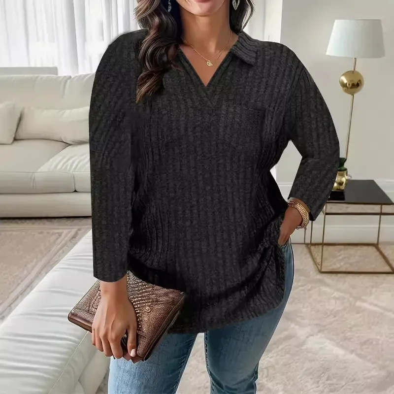 Damen Gerippter V-Ausschnitt Pullover mit Hemdkragen und lockerer Tunika-Silhouette – Mavelle