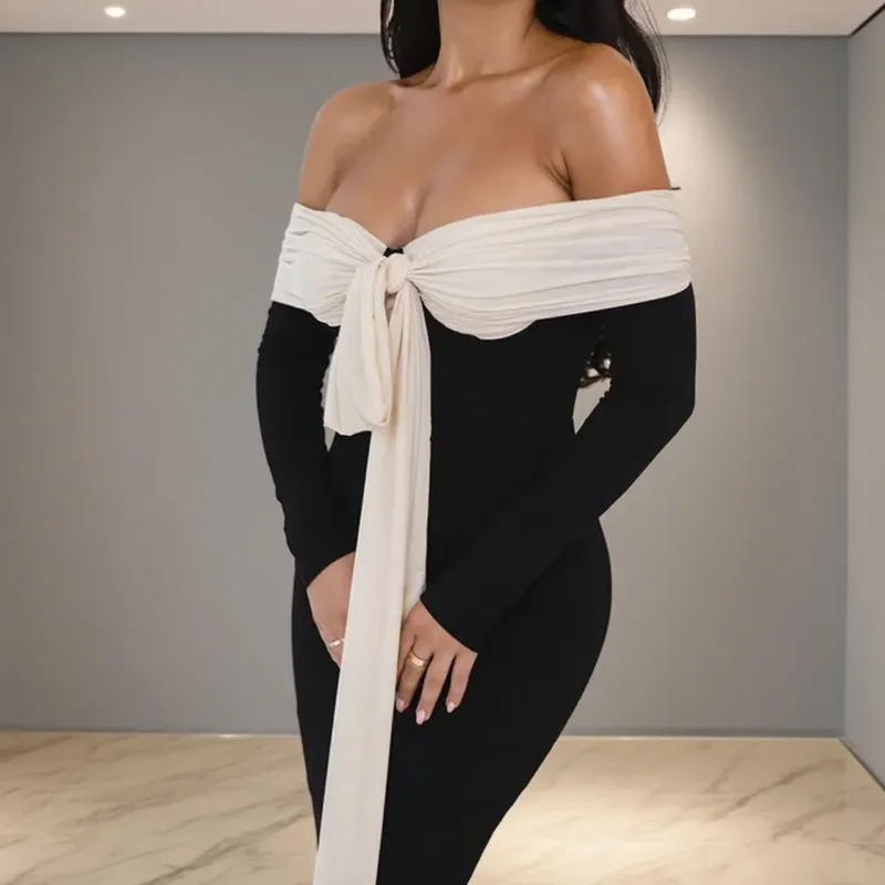 Damen Elegantes Off-Shoulder Maxikleid mit dekorativem Knoten und langen Ärmeln – Valéora