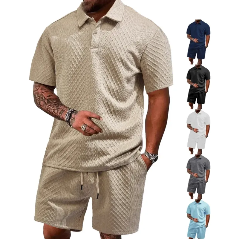 Herren strukturiertes Poloshirt- und Bermudashorts-Set aus gesteppter Baumwollmischung – Cavello