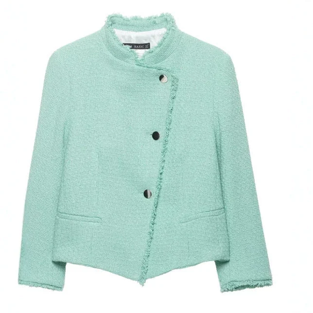 Damen Cropped Bouclé‑Jacke mit asymmetrischer Knopfleiste und Fransensaum Echo Archiv