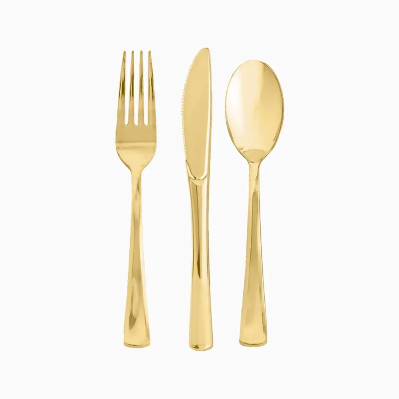 Set Cubiertos Plástico Premium Metalizado Oro 6 Personas