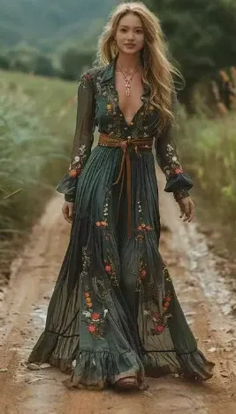 Boho Maxikleid mit V-Ausschnitt – Valéora