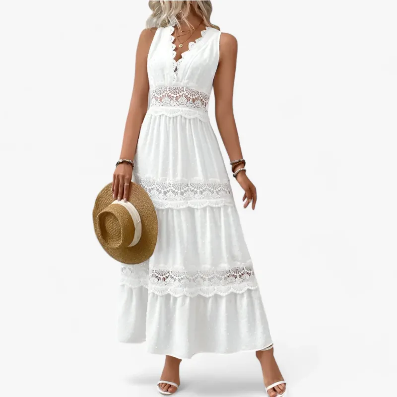 V-Ausschnitt Sommerkleid Flatternde Länge mit eleganten Details – Élara